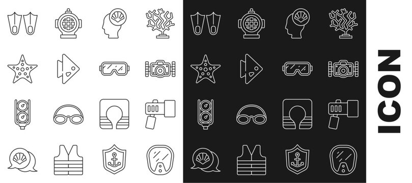 Set line Diving mask, Flashlight, Photo camera, Scallop sea shell, Fish, Starfish, Rubber flippers and icon. Vector