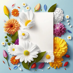 Photo floral background with white blank greeting card and flowers generative ai