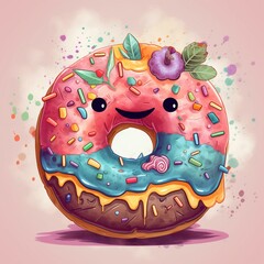 Quirky and charming illustration of a happy doughnut with colorful frosting and sprinkles Generative AI