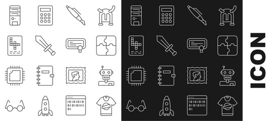 Set line T-shirt, Robot, Piece of puzzle, Fountain pen nib, Sword for game, Crossword, Computer and Certificate template icon. Vector