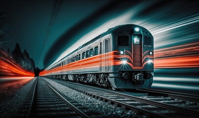  a train traveling down train tracks with a red and white light.  generative ai