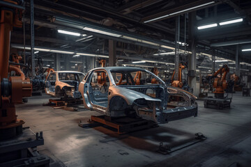 auto assembly line of cars in a factory. Generative AI