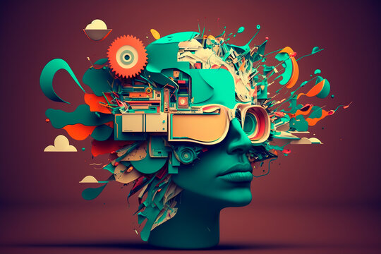 Person with a creative mind. Creative thinking, head expression, inner world, mental health. Generative AI