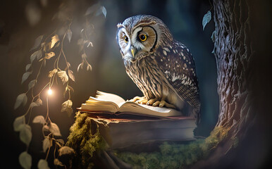 Illustration of an owl on a branch of a tree, reading a bookat night, a Solitary and nocturnal wildlife bird in aforest landscape.	Generative AI