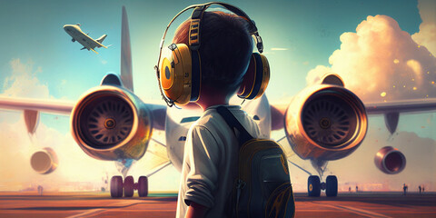 Young kid with autism wearing headphones for noise cancellation, staring a nation at an airplane and a space shuttle, admiring aviation and technology. Created with generative ai tools