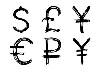 Money signs with brush stroke texture isolated on white background. Dollar, pound sterling, yen, yuan, ruble and euro dollar currency pictogram. Vector illustration. Set. 