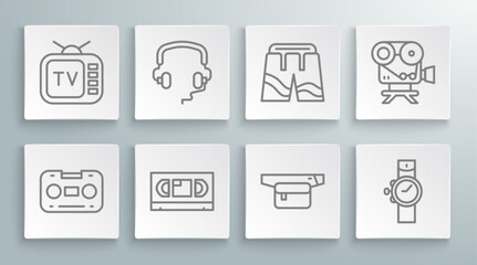 Set line Retro audio cassette tape, Headphones, VHS video, Waist bag of banana, Wrist watch, Short or pants, cinema camera and tv icon. Vector