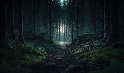  a dark forest with a path leading to a light at the end.  generative ai