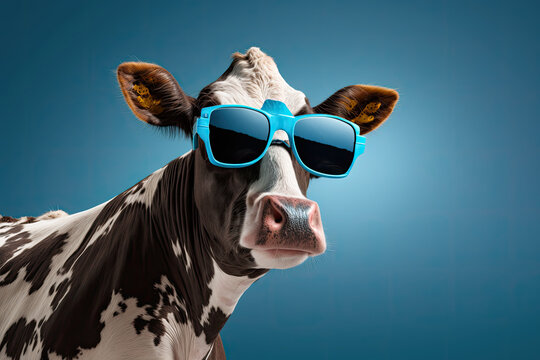 Funny cow with sunglasses in front of blue studio background, generative AI