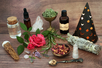Love potion romantic wiccan occult concept with aphrodisiac ingredients for magic spell with herbs,...