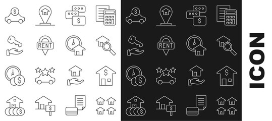 Set line Real estate, House with dollar, Search house, Price negotiation, Location key, Car rental and Time is money icon. Vector