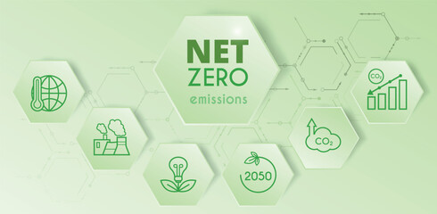 Net zero and carbon neutral concept. Hexagon banner on green background. Net zero greenhouse gas emissions target. Vector illustration.