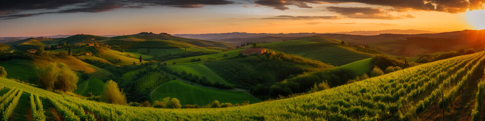 Fototapeta premium Italy, Green Toscana hills, Vineyard. Sunlight. ai generative