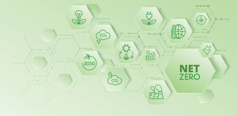 Net zero and carbon neutral concept. Hexagon banner on green background. Net zero greenhouse gas emissions target. Vector illustration.