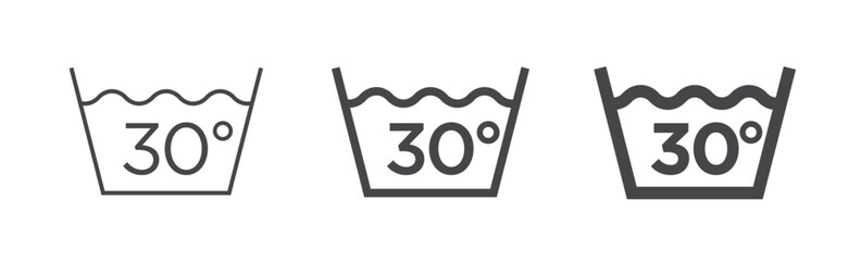 Clothes care icon, 30 degrees FINE WASH. International marking of fabric on the label. Set of washing symbol of different thickness.