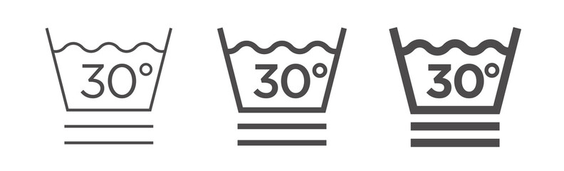 Clothes care icon, 30 degrees MILD FINE WASH. International marking of fabric on the label. Set of washing symbol of different thickness.