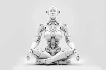 White robotic woman meditating on white background.Generative AI