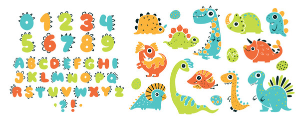 Dino collection with alphabet and numbers. Funny comic font in simple hand-drawn cartoon style. Various dinosaur characters. Colorful isolated doodles on a white background.