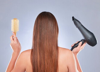 Hairbrush, model hair and back of a woman with beauty and wellness tools for soft hairstyle...