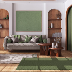 Vintage wooden living room with curtains, fabric sofa, tables and carpet in white and green tones. Parquet floor and arched door. Farmhouse interior design