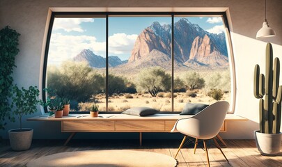  a room with a large window and a view of mountains.  generative ai