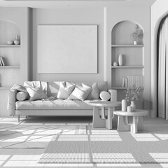 Total white project draft, vintage wooden living room with curtains, fabric sofa, tables and carpet. Parquet floor and arched door. Farmhouse interior design