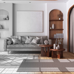 Architect interior designer concept: hand-drawn draft unfinished project that becomes real, vintage wooden living room with curtains, sofa, tables and carpet. Farmhouse style