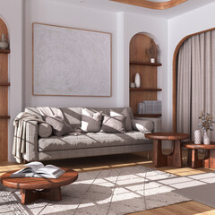 Wooden living room in white and beige tones with parquet floor. Fabric sofa, capet, coffee tables and curtains. Japandi farmhouse interior design