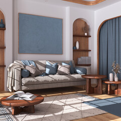 Wooden living room in white and blue tones with parquet floor. Fabric sofa, capet, coffee tables and curtains. Japandi farmhouse interior design
