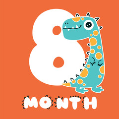 Obraz premium Dinosaur with number eight. Color cute card character illustration. Hand drawn cute dino sticker on colored background. Perfect for celebrating a birthday, a month of age.