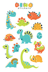 Naklejka premium Dino baby stickers set. A collection of cute colorful dinosaurs in a simple childish hand-drawn style. Isolated vector characters on a white background. Bright limited palette.