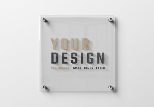 Transparent Squared Glass Sign Plate on White Wall Mockup