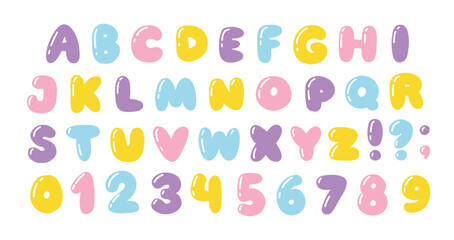 Bubble font and numbers. Cartoon childish hand drawn alphabet. Soft puffy letters with glare in pastel candy colors. Vector isolate on a white background in the style of the 00s.