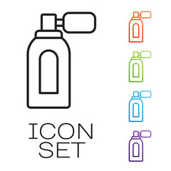 Black line Aftershave bottle with atomizer icon isolated on white background. Cologne spray icon. Male perfume bottle. Set icons colorful. Vector