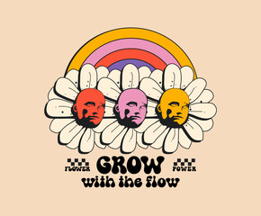 Retro groovy illustration for poster or t-shirt print with flowers and rainbow isolated on light background. Vector illustration