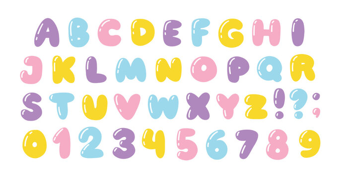 Bubble font and numbers. Cartoon childish hand drawn alphabet. Soft puffy letters with glare in pastel candy colors. Vector isolate on a white background in the style of the 00s.
