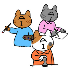 それぞれお絵かき、チェス、ライティングをしている猫型人工知能（模様）