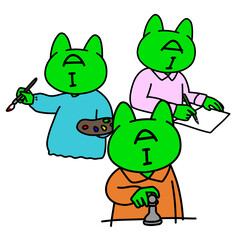 それぞれお絵かき、チェス、ライティングをしている猫型人工知能（サイバー）