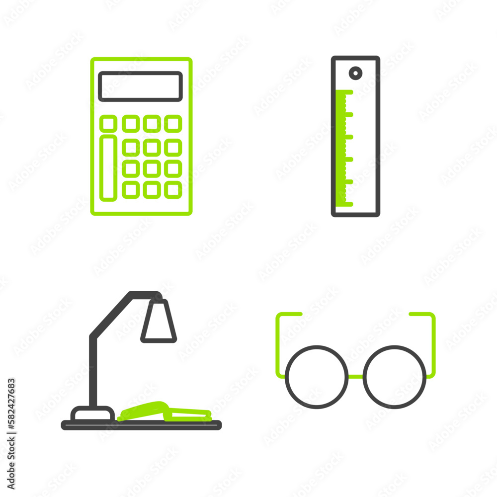 Poster set line glasses, workplace with table lamp and open book, ruler and calculator icon. vector