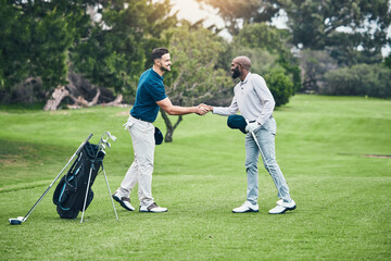 Men, golf course grass and handshake for friends at game, sport and international competition on...