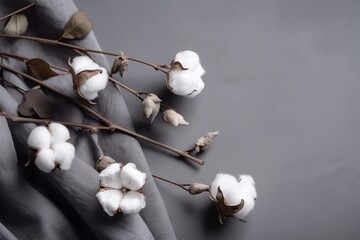 Flat lay Beautiful cotton branch, white and gray fabric on gray background top view copy space. Natural cotton fabric texture. Dreamy white cotton flowers - Generative AI - obrazy, fototapety, plakaty