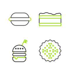 Set line Cracker biscuit, Burger, Brownie chocolate cake and Macaron cookie icon. Vector