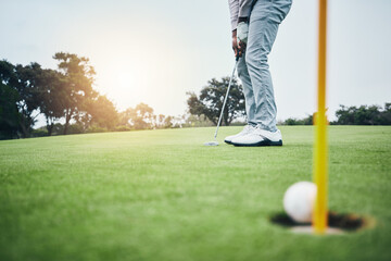 Ground, golf hole and man with golfing club on course for game, practice and training for...