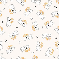 Happy Cute Bear Musician Trumpet Vector Graphic Seamless Pattern