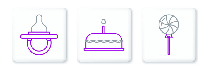 Set line Lollipop, Baby dummy pacifier and Cake with burning candles icon. Vector
