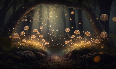 Fototapeta na wymiar a painting of a forest scene with glowing mushrooms and trees. generative ai