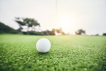 Sports, golf ball and target on course in club for competition match, tournament and training. Pitch, challenge and games with equipment on grass field for leisure, recreation hobby and practice