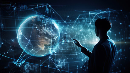 A man touching a big data network connection. Science and artificial intelligence technology. innovation and futuristic. AI. Machine learning. generative ai.