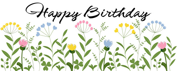 Happy Birthday - Text in englischer Sprache - Alles Gute zum Geburtstag. Grußkarte mit Blättern und Blumen in Pastellfarben.