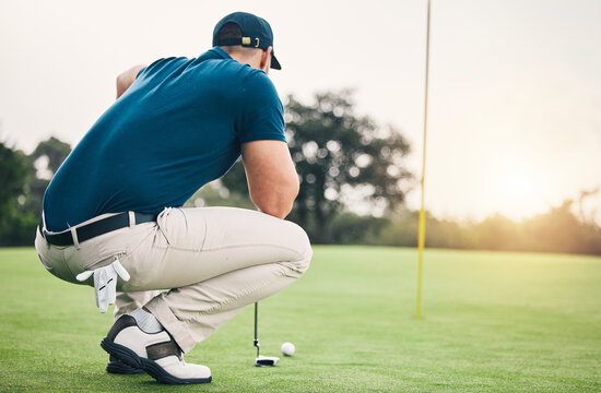 Thinking, sports and golf with man on field for training, competition match and planning. Games, challenge and tournament with athlete playing on course for exercise, precision and confidence